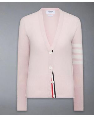 Thom Browne – Klassische Strickjacke mit V-Ausschnitt und 4 Streifen aus Kaschmir - Pink