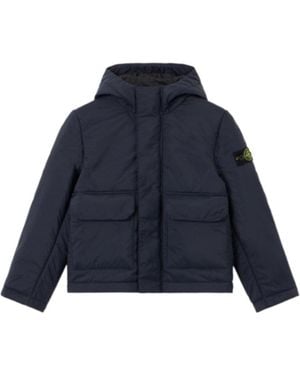 Stone Island Hooded Padded Jacket With Hook-And-Loop Pockets Recycled Nylon Canvas - Blue