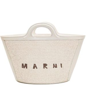 Marni Borsa Tropicalia In Pelle E Rafia Ecrù - Wit
