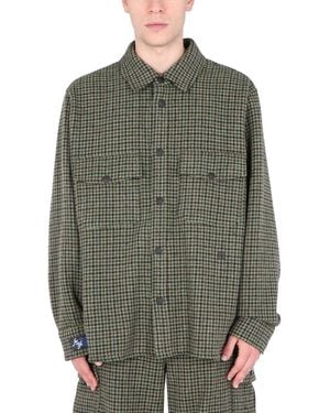 MSGM Checkered Wool Shirt With Classic Collar - Green
