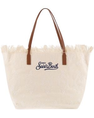 MC2 Saint Barth Embroidered Canvas Beach Tote Bag With Leather Handles - Natural