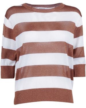 Kangra Cashmere Striped Lurex Crew Neck, Short Sleeves Viscose Metallic Fiber Crewneck - White