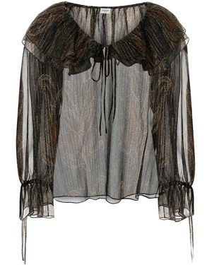 Saint Laurent Off-Shoulder Blouse With Drawstring Poet Sleeves - Black