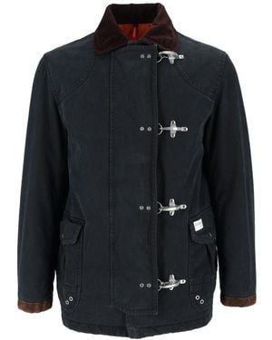 Fay Washed Cotton 4 Ganci Calf Suede Collar Jacket - Black
