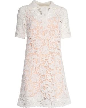 P.A.R.O.S.H. Short Sleeve Lace Overlay Dress With Polo Collar - Natural