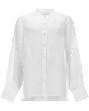 120% Lino Linen Mandarin Collar Button-Front Blouse - White