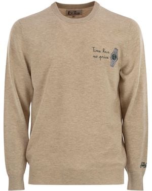 Mc2 Saint Barth Heron Crew Neck Sweater With Embroidery On The Chest - Natural