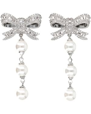 Self-Portrait Tone Bow Mini Drop Earrings With Faux Crystal Droplets - White