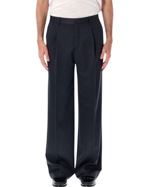 Lardini Pleated Wool Gabardine Trousers With Single Pleat, Regular Fit & Unfinished Hem - Blue