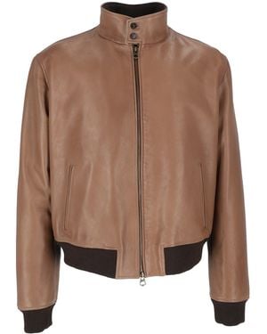 Stewart Leather Jacket With Ribbed Knit Details - Brown