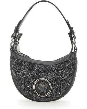 Versace Mini Hobo Handbag With Crystals - Grey