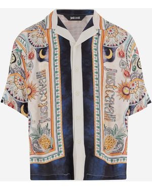 Just Cavalli Viscose Shirt With Logo And Patterned Print - Blue