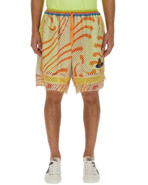 Vivienne Westwood Print Mesh Shorts With Fringed Hem - Yellow