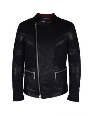 Philipp Plein Leather Biker Jacket With Quilted Panels - Black