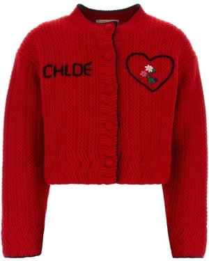 Chloé Wool Blend Cardigan With Silk & Cashmere - Red