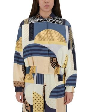 Fendi Reversible Patchwork Silk Bomber - Blue