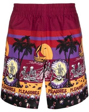 Pleasures Illustration-Print Cotton Deck Shorts - Red