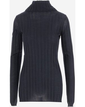 Carven Gerippte Wolle und Seidenpullover - Blau