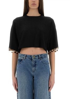 Rabanne Knitted Cropped T Shirt - Black