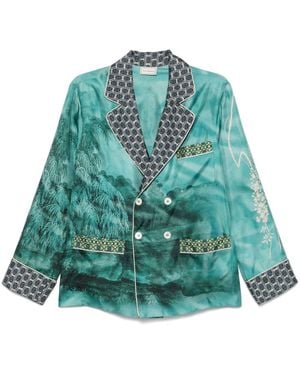 Pierre Louis Mascia Printed Silk Double-Breasted Jacket - Green