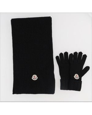 Moncler Knit Scarf And Glove Set, Virgin Wool, Sets - Black