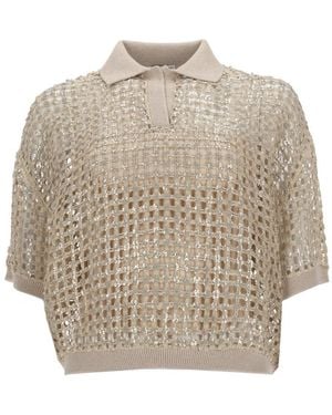 Brunello Cucinelli Silk And Linen Knit Polo Shirt - Natural