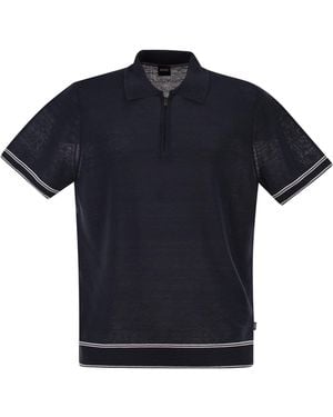 BOSS Linen And Viscose Polo Shirt With Zip And Contrast Trims - Blue