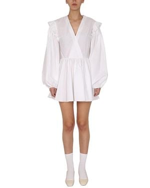 Patou V-Neck Balloon Sleeve Mini Dress - White