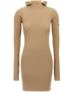 Fendi Ribbed Wool-Silk Hooded Dress - Natur
