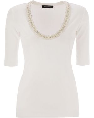 Fabiana Filippi Ribbed Jersey T-Shirt With Contrasting Knit Collar - White