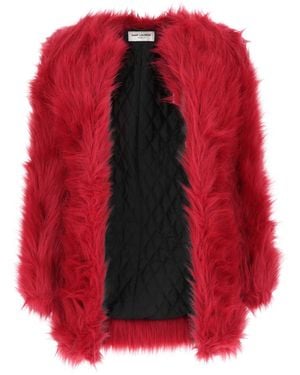 Saint Laurent Manteau de fourrure écologique rouge de
