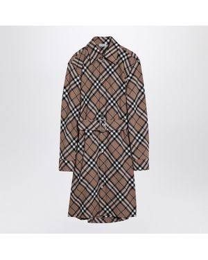 Burberry Check Wool Blend Midi Dress With Belt - Natural