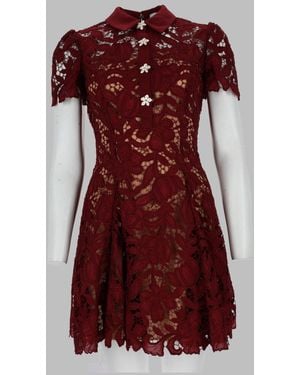 Self-Portrait Burgundy Floral Lace Mini Dress With Puff Sleeves And Scalloped Hem - Red
