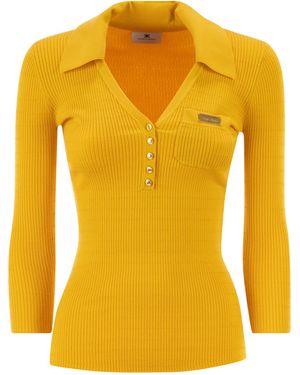 Elisabetta Franchi Micro-Cable Knit Polo Shirt - Yellow