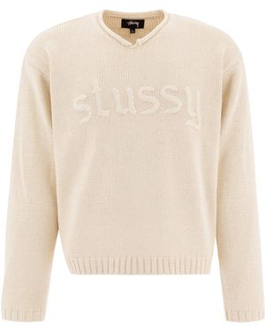 Stussy V-Neck Sweater With Logo - Natural