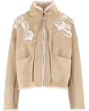 Ermanno Scervino Suede-Like Cropped Shearling Floral Embroidered Jacket - Natural