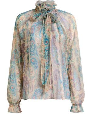 Etro Seidenbluse mit Paisley-Print und Schal-Detail - Blau