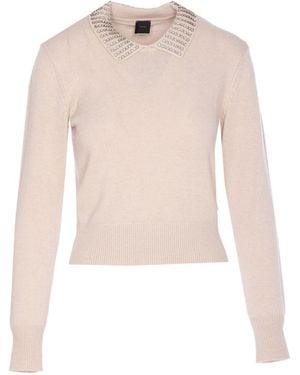 Pinko Fitted Sweater With Embellished Collar And Ribbed - Weiß