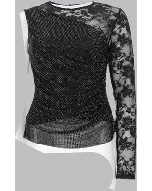 Self-Portrait Asymmetrical Top With Sheer Floral Lace Detail - Black