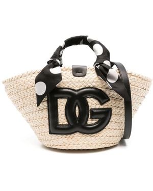 Dolce & Gabbana Logo-Appliqué Straw Bucket Bag - Pink