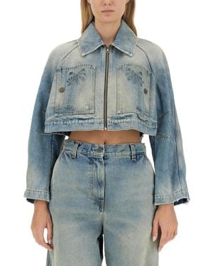 Palm Angels Paris Distressed Cropped Denim Jacket - Blue