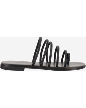 Kima Leather Sandals With Rhinestones - Black