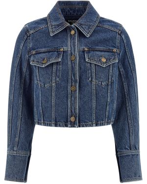 Balmain Cropped Denim Jacket With Classic Collar - Blau