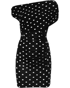Self-Portrait Polka Dot Draped Knit Mini Dress - Black