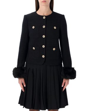 Self-Portrait Bouclé Jacket With Faux Fur Cuffs - Black