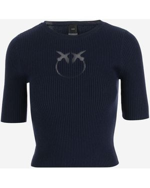 Pinko – Kurzärmliger Pullover aus Wollmischung mit Logo - Blau
