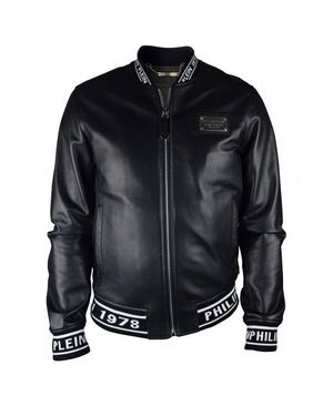 Philipp Plein Leather Bomber Jacket With Logo Accents - Black