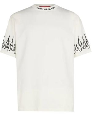 Vision Of Super T Shirt Bianca Con Fiamme Ricamate - White
