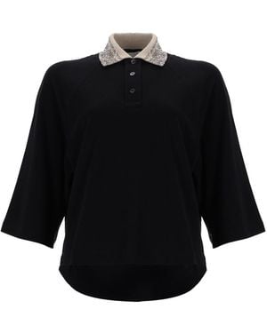 Brunello Cucinelli Buttoned Embellished Polo Shirt - Black