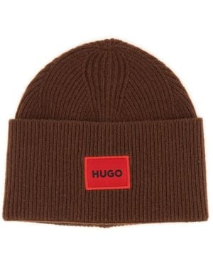HUGO Beanie Hat With Logo - Brown